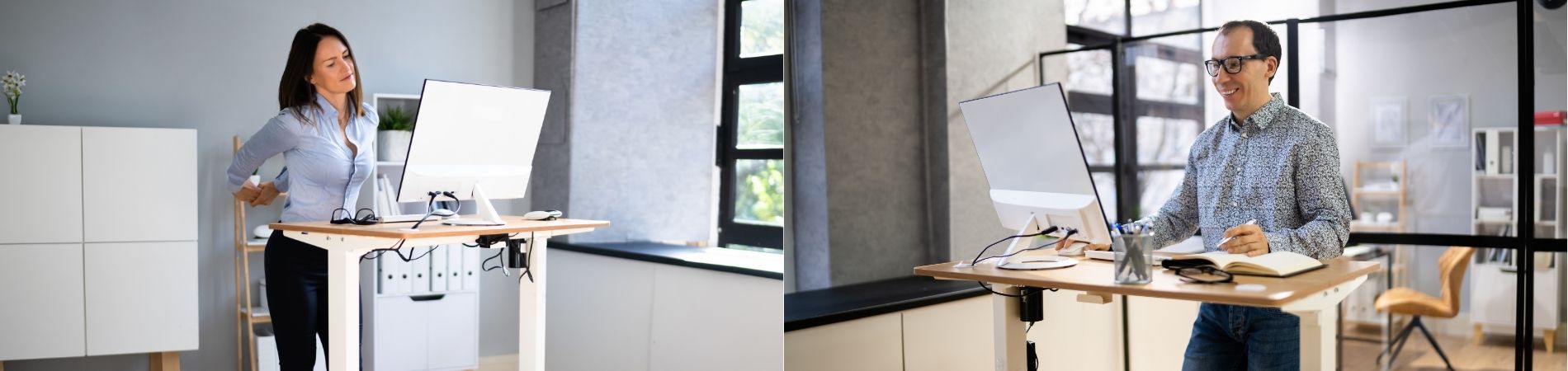 Zwei Personen arbeiten an höhenverstellbaren Schreibtischen im Büro, eine Frau macht dabei eine kurze Rückenbewegung im Stehen.